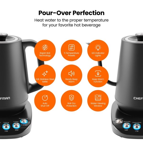Chefman - Electric 0.8L Gooseneck Kettle with 5 Preset Temperatures, Keep Warm Function - Black