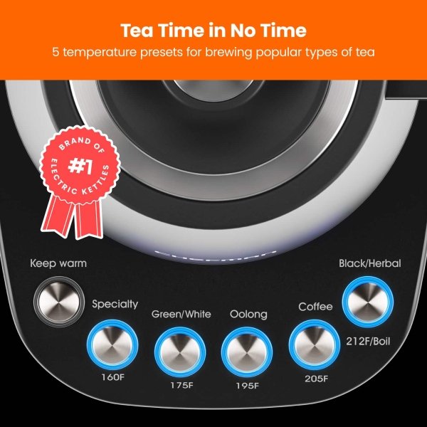 Chefman - Electric 0.8L Gooseneck Kettle with 5 Preset Temperatures, Keep Warm Function - Black
